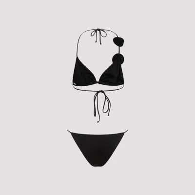 La Reveche Triangle Design Bikini With Handmade Floral Embellishments In Black