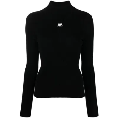 Courrèges Black Reedition Rib Knit Mock Neck Sweater