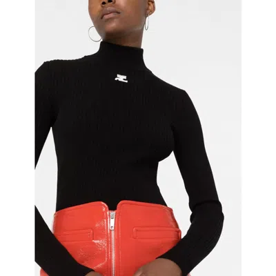 Courrèges Black Reedition Rib Knit Mock Neck Sweater