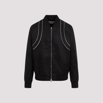 Alexander Mcqueen Solid Color Nylon Bomber Jacket With Contrasting Details In Black