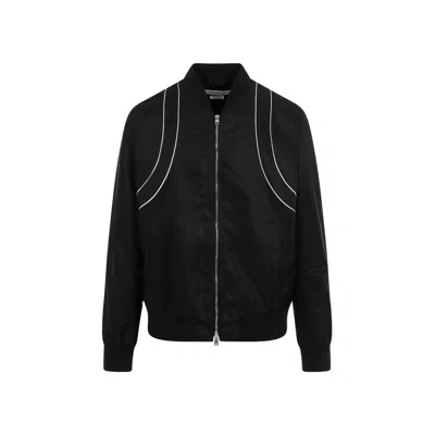 Alexander Mcqueen Solid Color Nylon Bomber Jacket With Contrasting Details In Black