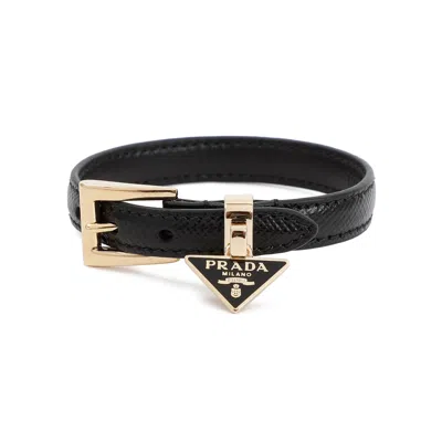 Prada Black Leather Logo Bracelet