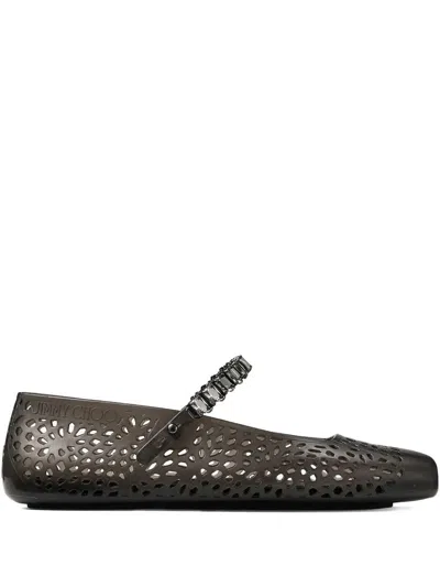 Jimmy Choo The Jelly Transparent Black Ballet Flats With Crystals In Black