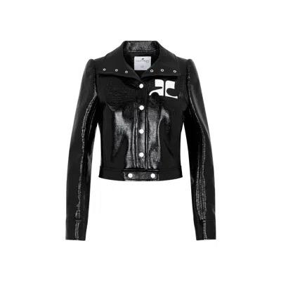 Courrèges Glossy Black Coat With High Collar And Logo Detailing In Green