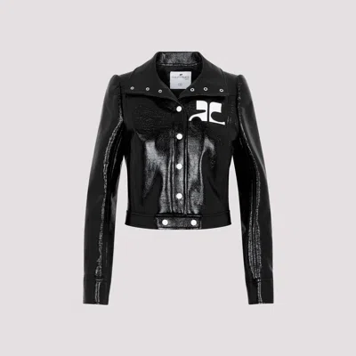 Courrèges Glossy Black Coat With High Collar And Logo Detailing In Green