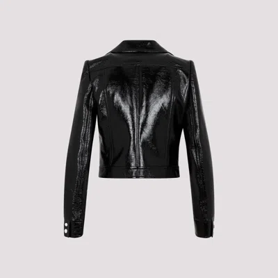 Courrèges Glossy Black Coat With High Collar And Logo Detailing In Green