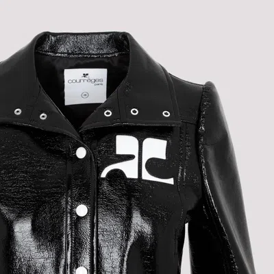 Courrèges Glossy Black Coat With High Collar And Logo Detailing In Green