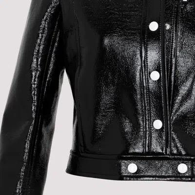 Courrèges Glossy Black Coat With High Collar And Logo Detailing In Green
