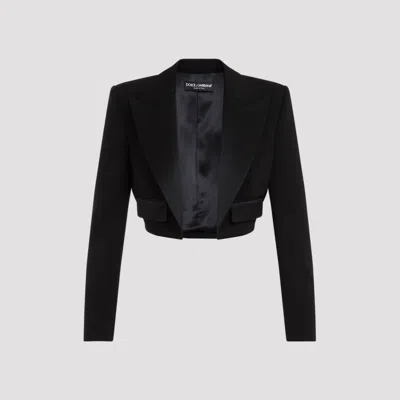 Dolce & Gabbana Wool Blend Cropped Tuxedo Jacket In Black