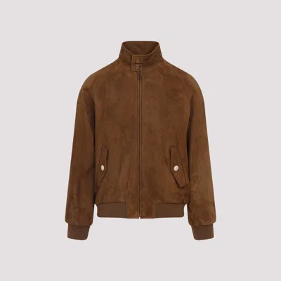 Valentino Ribbed Lambskin Suede Leather Jacket With Stand-up Collar In Brown