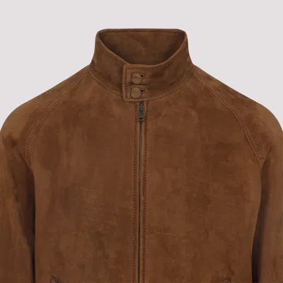 Valentino Ribbed Lambskin Suede Leather Jacket With Stand-up Collar In Brown