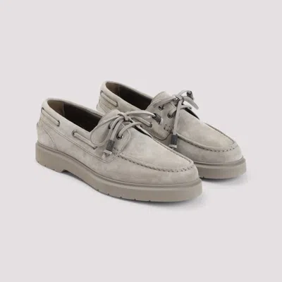 Brunello Cucinelli Taupe Grey Boat Moccasins With Monili Chain In Neutral