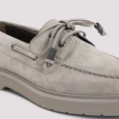 Brunello Cucinelli Taupe Grey Boat Moccasins With Monili Chain In Neutral