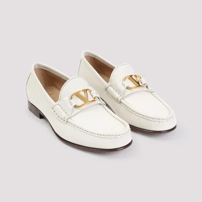 Valentino Ivory Leather Loafer With Golden Metal V Logo