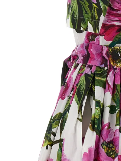 Dolce & Gabbana Pink Crewneck Dress With Logo Lettering Detail On The Front And All-over Floral Motif In Cotton Woma In White