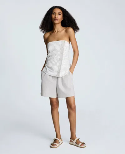 Kenneth Cole Cotton Stripe Strapless Rouched Fitted Bustier Top In Gray
