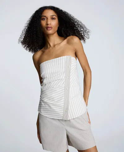 Kenneth Cole Cotton Stripe Strapless Rouched Fitted Bustier Top In Gray