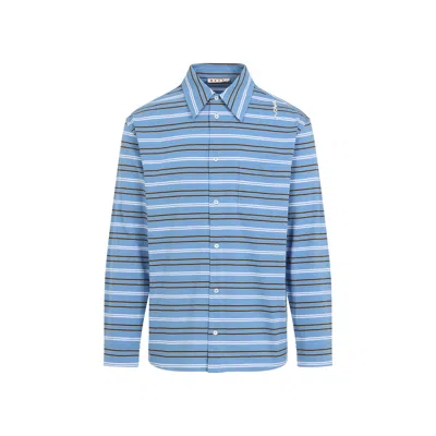 Marni Light Blue Cotton Turtleneck Polo With Horizontal Stripes