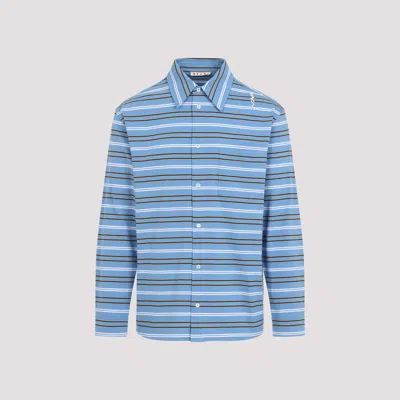 Marni Light Blue Cotton Turtleneck Polo With Horizontal Stripes