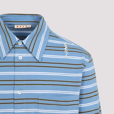 Marni Light Blue Cotton Turtleneck Polo With Horizontal Stripes