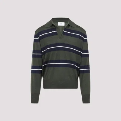 Ami Alexandre Mattiussi Ami Paris Green Polo With All-over Striped Motif And Polo-style Collar In Wool And Silk Blend Man