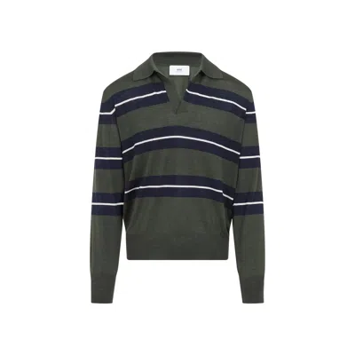 Ami Alexandre Mattiussi Ami Paris Green Polo With All-over Striped Motif And Polo-style Collar In Wool And Silk Blend Man
