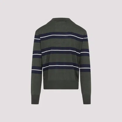 Ami Alexandre Mattiussi Ami Paris Green Polo With All-over Striped Motif And Polo-style Collar In Wool And Silk Blend Man