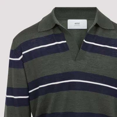 Ami Alexandre Mattiussi Ami Paris Green Polo With All-over Striped Motif And Polo-style Collar In Wool And Silk Blend Man