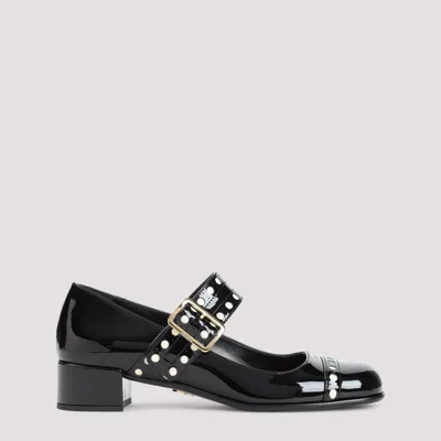 Prada Block Heel Round Toe Patent Finish Studded Detail