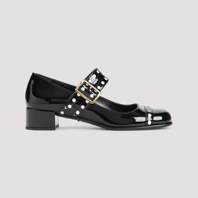 Prada Block Heel Round Toe Patent Finish Studded Detail