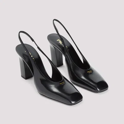 Prada Block Heel Patent Finish Pointed Toe Ballerina Shoes In Black