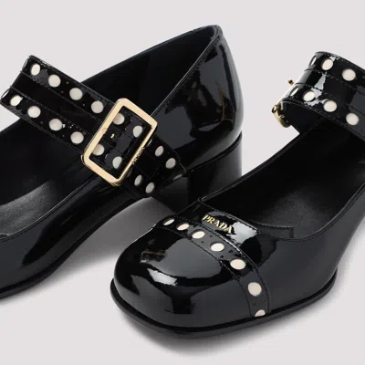 Prada Block Heel Round Toe Patent Finish Studded Detail