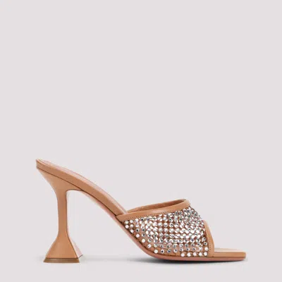 Amina Muaddi Tan Lupita Crystal Net Slipper Heeled Sandals