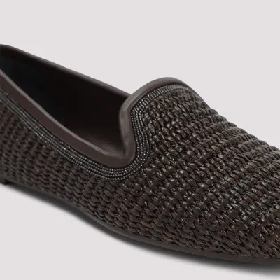 Brunello Cucinelli Woven Slip-on Brown Shoes With Elegant Detailing In Black