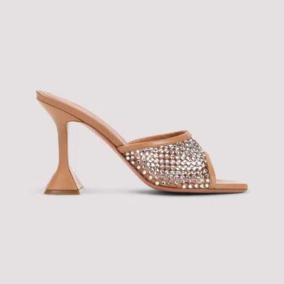 Amina Muaddi Tan Lupita Crystal Net Slipper Heeled Sandals