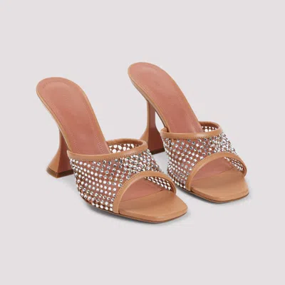Amina Muaddi Tan Lupita Crystal Net Slipper Heeled Sandals