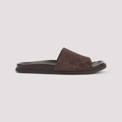 Gucci Brown Suede Open-toe Sandals With Logo Pattern