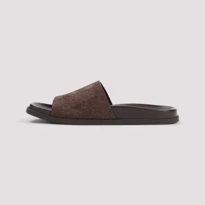 Gucci Brown Suede Open-toe Sandals With Logo Pattern