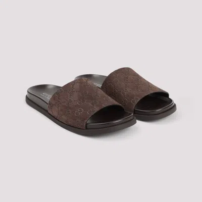 Gucci Brown Suede Open-toe Sandals With Logo Pattern