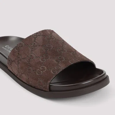 Gucci Brown Suede Open-toe Sandals With Logo Pattern