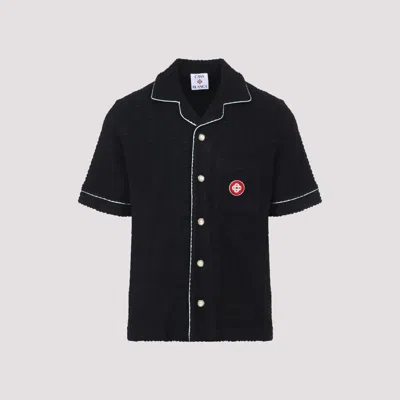 Casablanca Black Shirt With Classic Lapels And All-over Embossed Monogram In Blue
