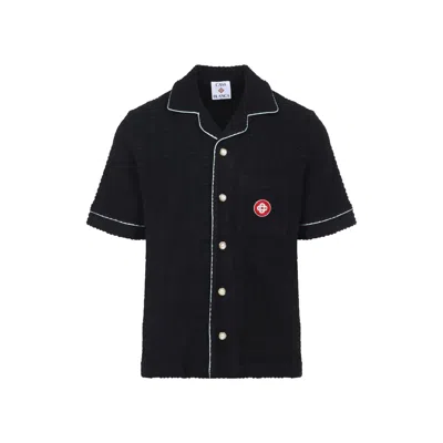 Casablanca Black Shirt With Classic Lapels And All-over Embossed Monogram In Blue