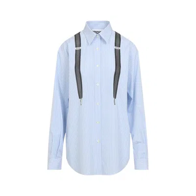 Moschino Couture Light Blue Cotton Striped Shirt With Decorative Straps
