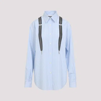 Moschino Couture Light Blue Cotton Striped Shirt With Decorative Straps