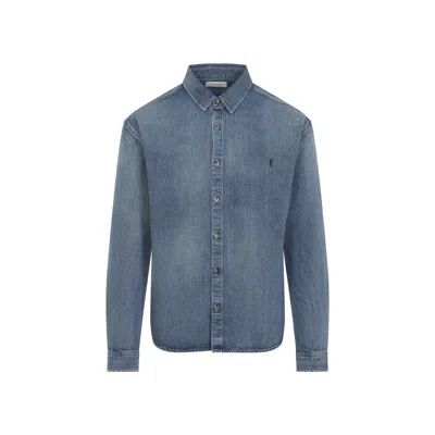 Saint Laurent Blue Long Sleeves Logo Denim Shirt In Blue