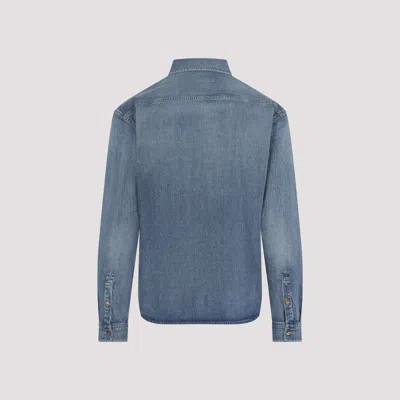 Saint Laurent Blue Long Sleeves Logo Denim Shirt In Blue