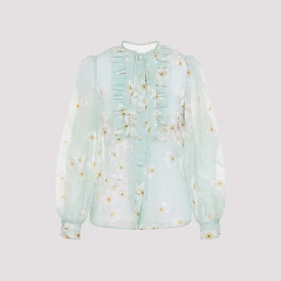 Valentino Silk Shirt With Balloon Sleeves And Floral Print In Blue
