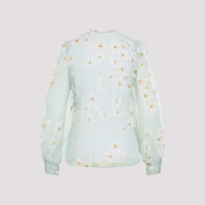 Valentino Silk Shirt With Balloon Sleeves And Floral Print In Blue