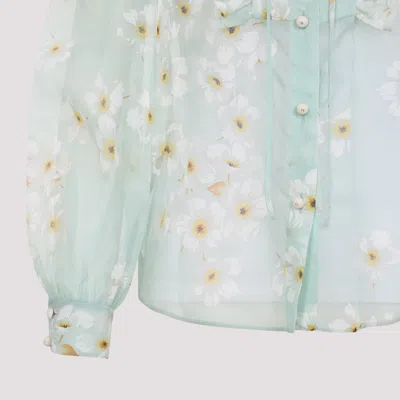 Valentino Silk Shirt With Balloon Sleeves And Floral Print In Blue