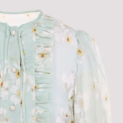 Valentino Silk Shirt With Balloon Sleeves And Floral Print In Blue
